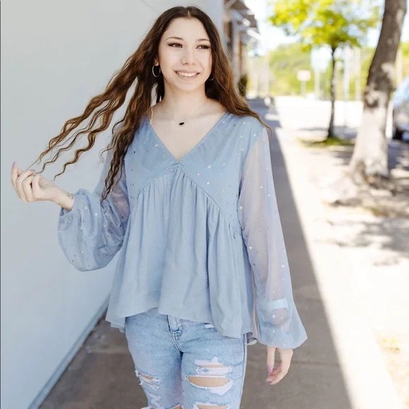 Umgee Celestial Star Light Blue Blouse - Picture 2 of 9